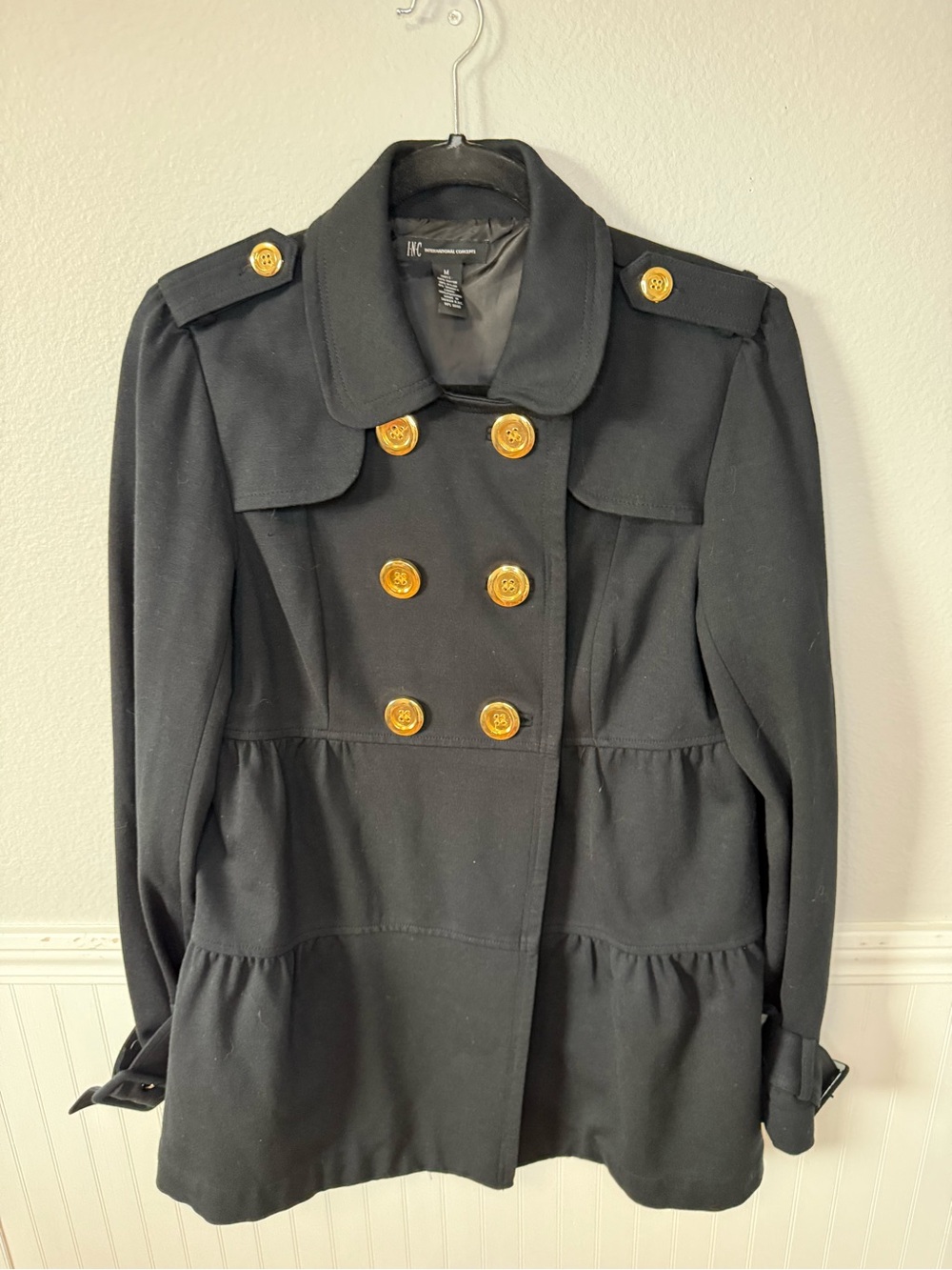INC International Concepts Black Double-Breasted Pea Coat with Gold Buttons